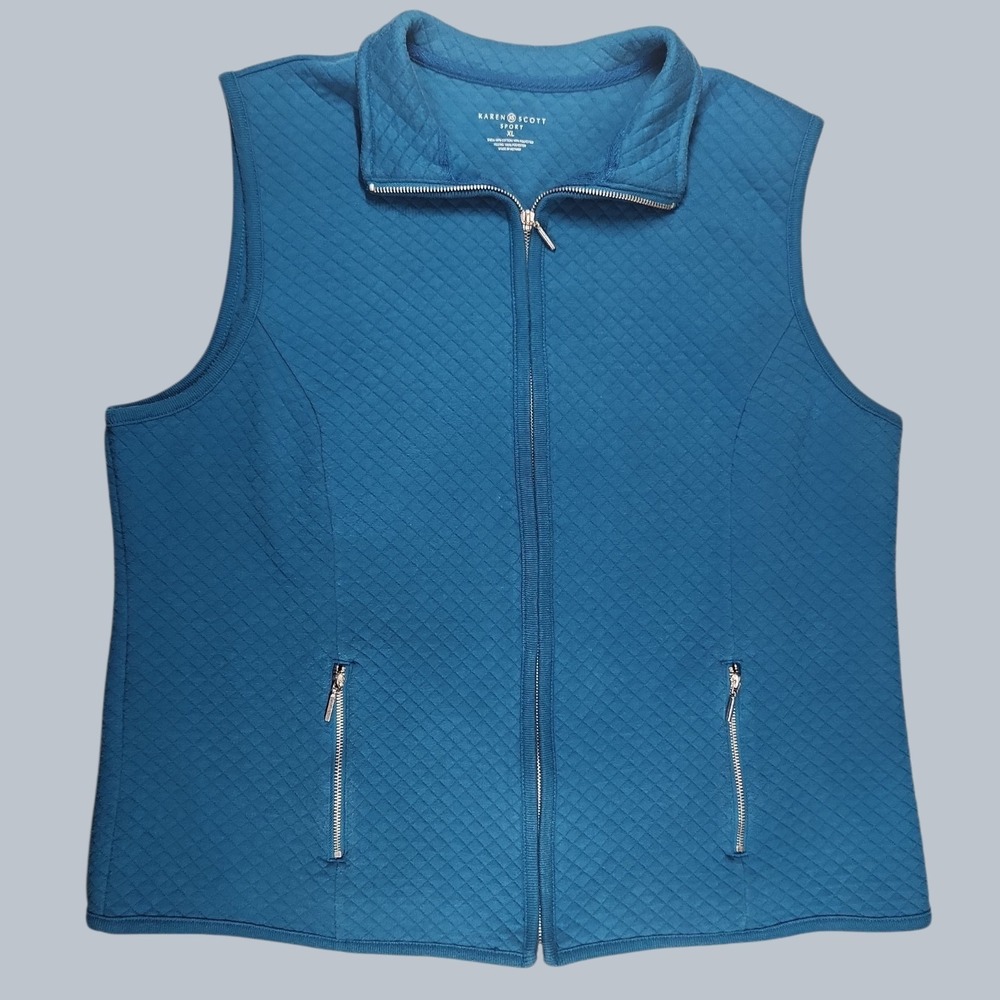 Karen Scott Sport Quilted Vest Women XL Blue Full Zip Sleeveless Mock Neck